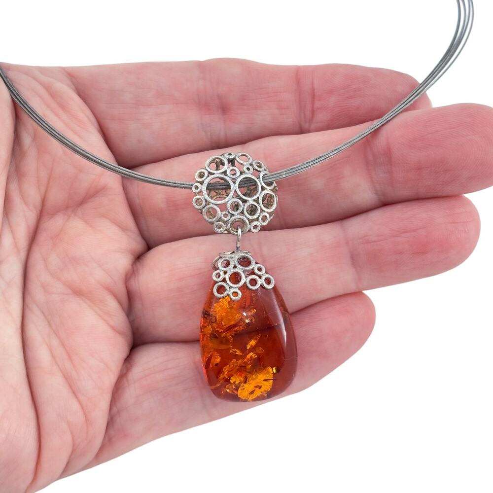 Vintage Sterling Silver Amber Teardrop Pendant Necklace 16.5"-18.5"